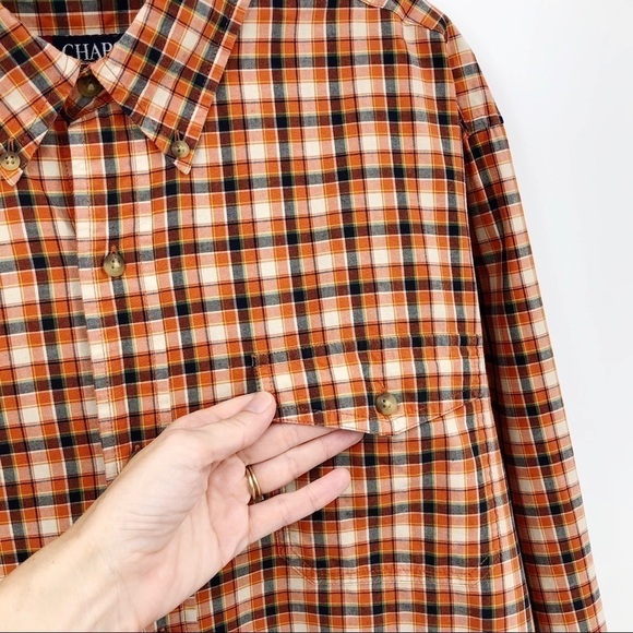 Chaps Men's Plaid Button Down Shirt Orange Size Large 100% Cotton Check Collared - Picture 10 of 15